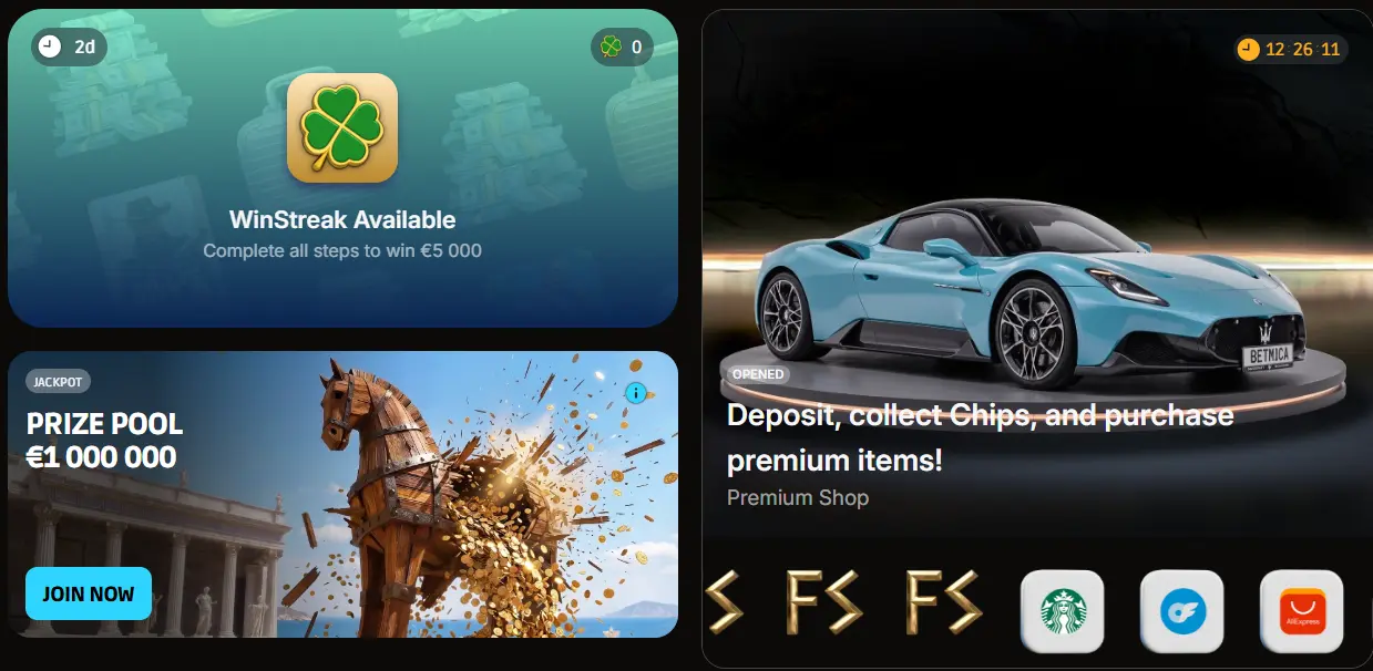 Betmica Casino promotions — welcome package up to £5,700 + 270 free spins, tournaments, a VIP programme and the Premium Shop